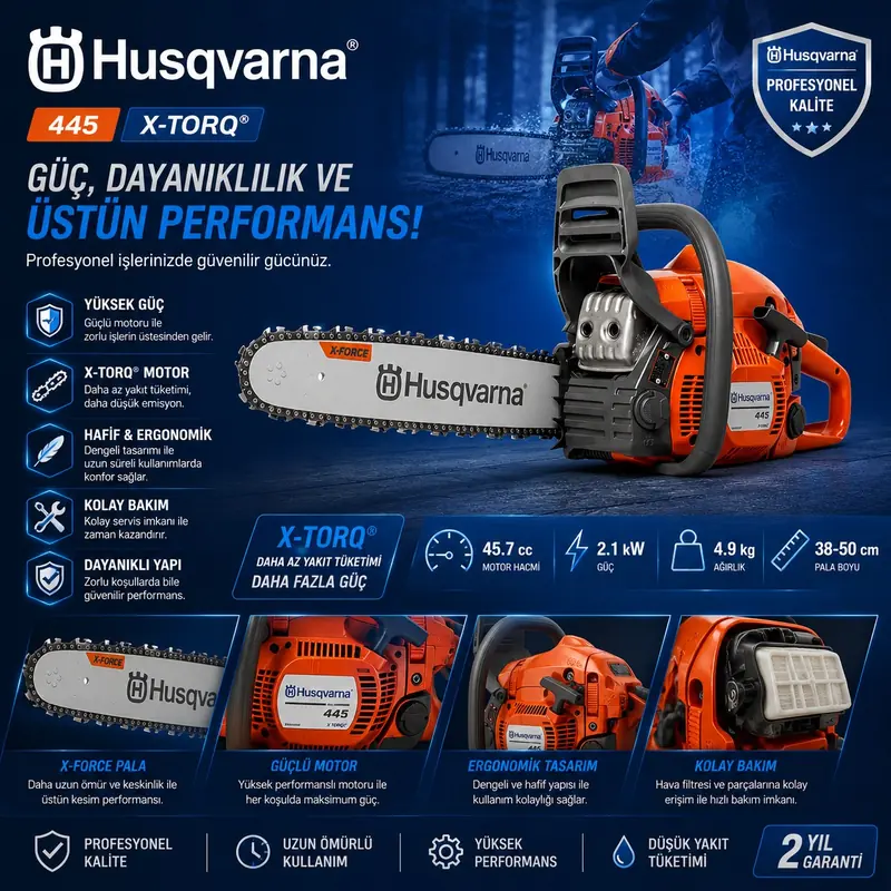 Husqvarna 445 X-Torq motorlu testere ürün görseli